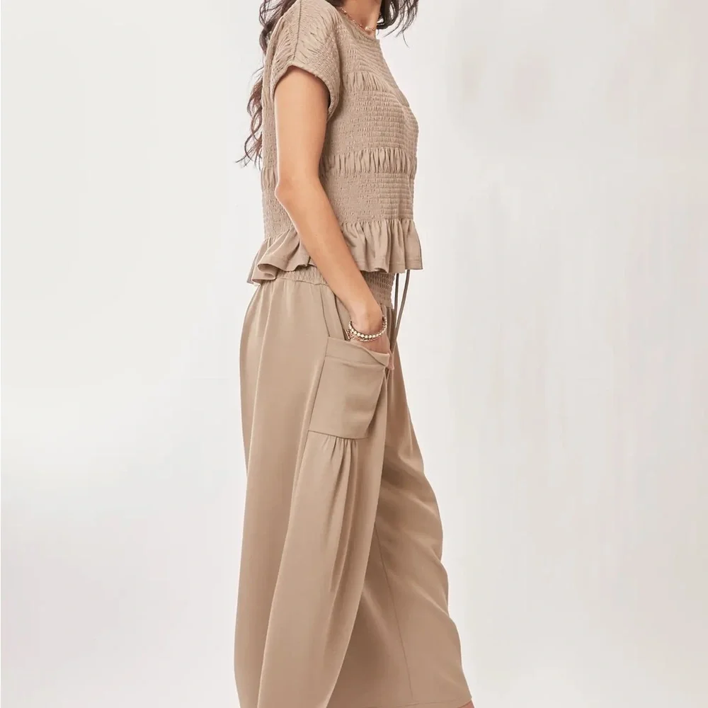 Bluivy Beige Wide-Leg Smocked Waist Pants - Picture 5 of 6
